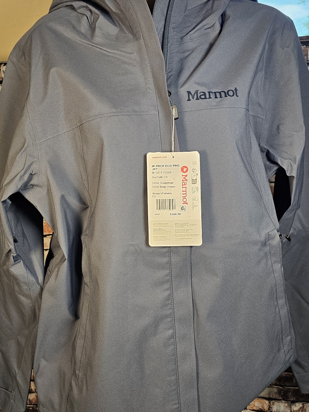 Marmot PreCip Eco Pro Rain Jacket W Sz L Thunderhead Gray Waterproof Hooded NWT